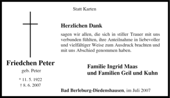 Traueranzeige von Friedchen Peter von Tageszeitung