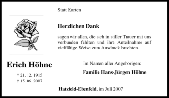 Traueranzeige von Erich Höhne von Tageszeitung