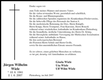 Traueranzeige von Jürgen Wilhelm Wiele von Tageszeitung