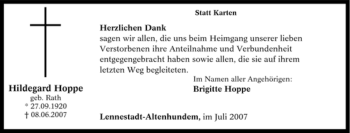 Traueranzeige von Hildegard Hoppe von Tageszeitung