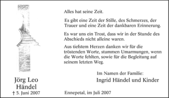 Traueranzeige von Jörg Leo Händel von Tageszeitung