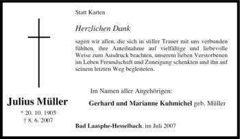 Traueranzeige von Julius Müller von Tageszeitung