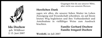Traueranzeige von Ida Dochow von Tageszeitung