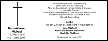 Traueranzeige von Hans-Werner Michael von Tageszeitung