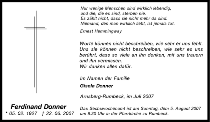  Traueranzeige für Ferdinand Donner vom 28.07.2007 aus Tageszeitung