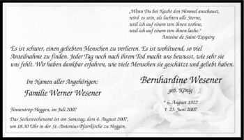 Traueranzeige von Bernhardine Wesener von Tageszeitung