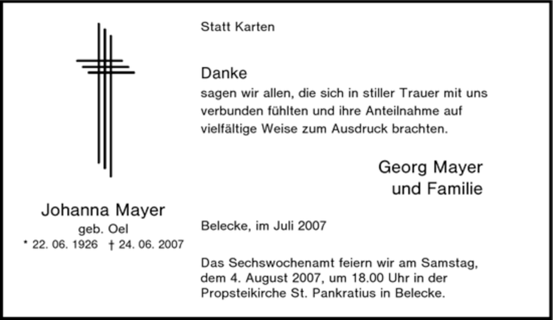  Traueranzeige für Johanna Mayer vom 28.07.2007 aus Tageszeitung