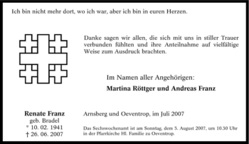 Traueranzeige von Renate Franz von Tageszeitung