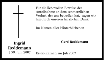 Traueranzeige von Ingrid Reddemann von Tageszeitung