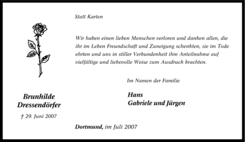  Traueranzeige für Brunhilde Dressendörfer vom 28.07.2007 aus Tageszeitung
