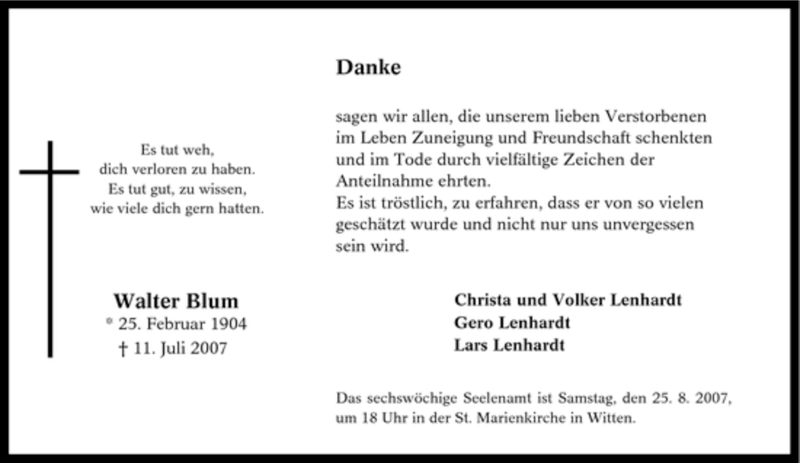  Traueranzeige für Walter Blum vom 28.07.2007 aus Tageszeitung