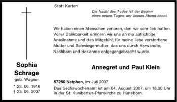 Traueranzeige von Sophia Schrage von Tageszeitung