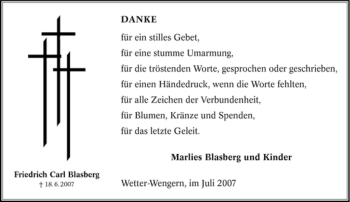 Traueranzeige von Friedrich Carl Blasberg von Tageszeitung