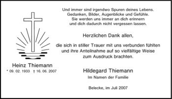 Traueranzeige von Heinz Thiemann von Tageszeitung
