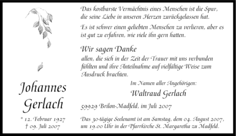  Traueranzeige für Johannes Gerlach vom 28.07.2007 aus Tageszeitung