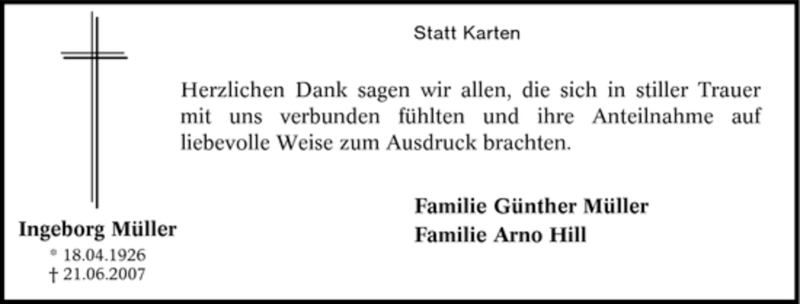  Traueranzeige für Ingeborg Müller vom 28.07.2007 aus Tageszeitung