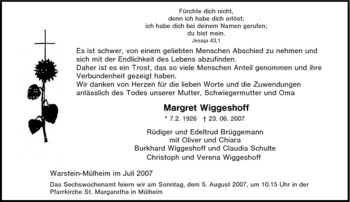 Traueranzeige von Margret Wiggeshoff von Tageszeitung