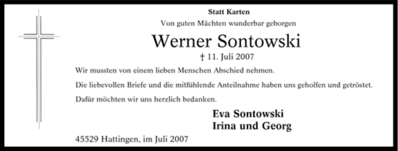 Traueranzeige für Werner Sontowski vom 28.07.2007 aus Tageszeitung