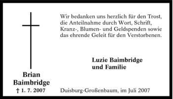 Traueranzeige von Brian Baimbridge von Tageszeitung