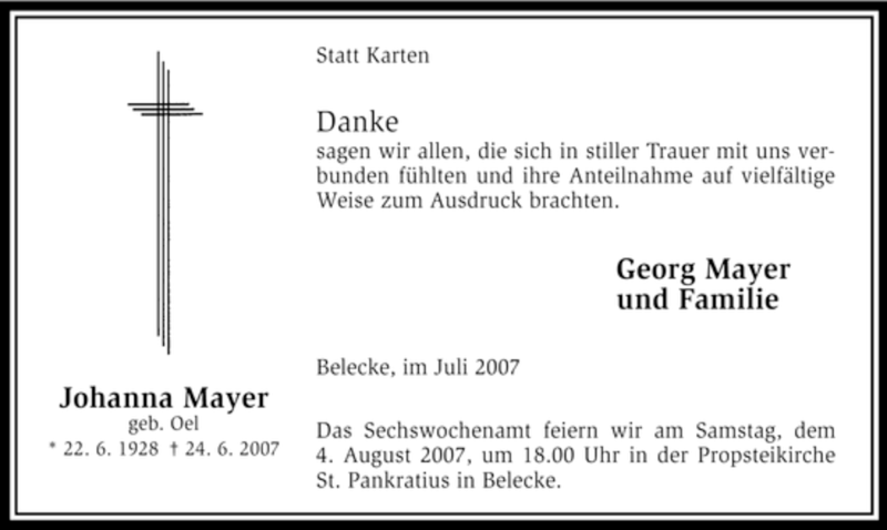  Traueranzeige für Johanna Mayer vom 28.07.2007 aus Tageszeitung