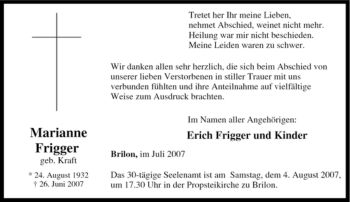 Traueranzeige von Marianne Frigger von Tageszeitung