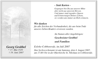 Traueranzeige von Georg Grobbel von Tageszeitung