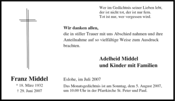 Traueranzeige von Franz Middel von Tageszeitung