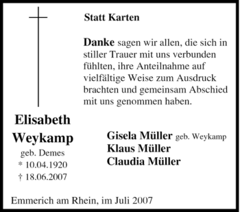 Traueranzeige von Elisabeth Weykamp von Tageszeitung