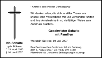 Traueranzeige von Ida Schulte von Tageszeitung