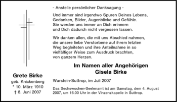 Traueranzeige von Grete Birke von Tageszeitung