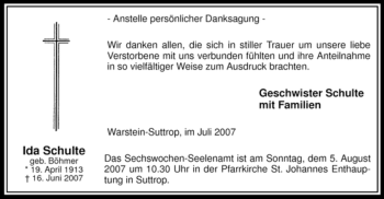 Traueranzeige von Ida Schulte von Tageszeitung