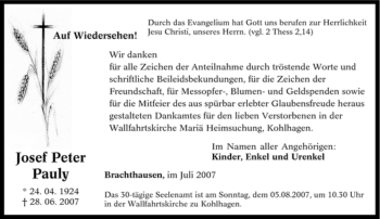Traueranzeige von Josef Peter Pauly von Tageszeitung