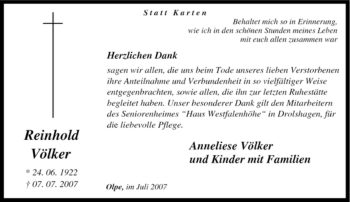 Traueranzeige von Reinhold Völker von Tageszeitung