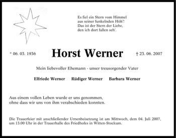 Traueranzeige von Horst Werner von Tageszeitung
