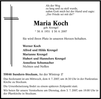 Traueranzeige von Maria Koch von Tageszeitung