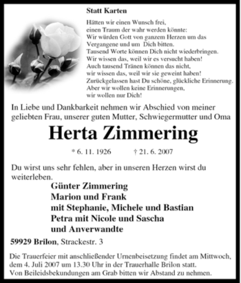 Traueranzeige von Herta Zimmering von Tageszeitung
