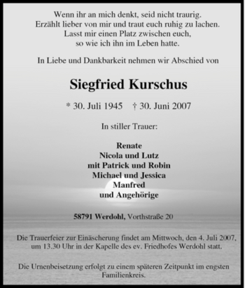 Traueranzeige von Siegfried Kurschus von Tageszeitung