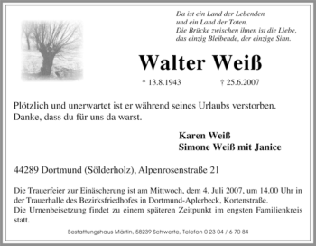 Traueranzeige von Walter Weiß von Tageszeitung