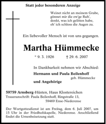 Traueranzeige von Martha Hümmecke von Tageszeitung