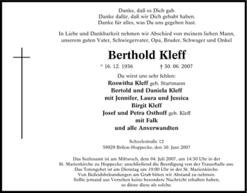 Traueranzeige von Berthold Kleff von Tageszeitung