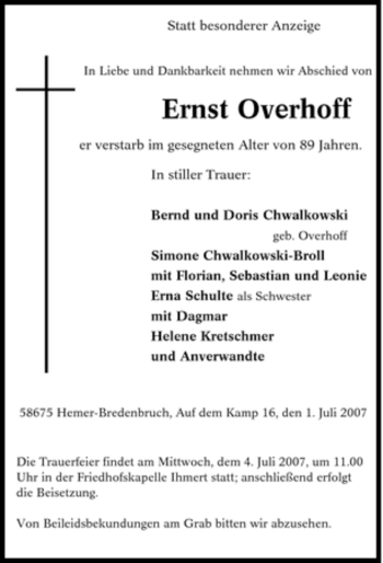 Traueranzeige von Ernst Overhoff von Tageszeitung