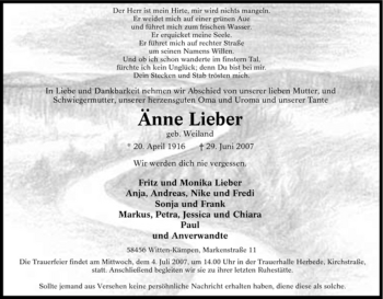 Traueranzeige von Änne Lieber von Tageszeitung