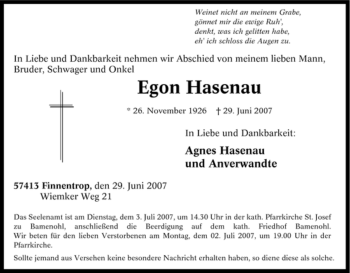 Traueranzeige von Egon Hasenau von Tageszeitung