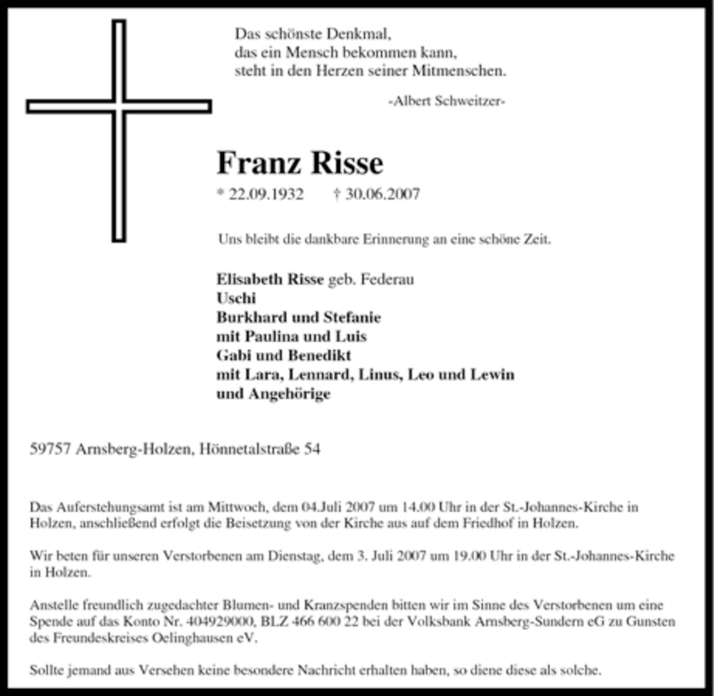  Traueranzeige für Franz Risse vom 02.07.2007 aus Tageszeitung