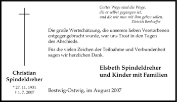 Traueranzeige von Christian Spindeldreher von Tageszeitung