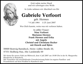 Traueranzeige von Gabriele Verfoort von Tageszeitung