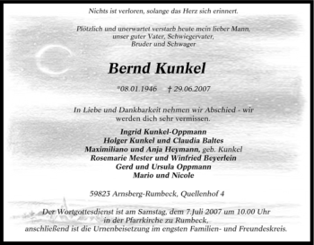 Traueranzeige von Bernd Kunkel von Tageszeitung