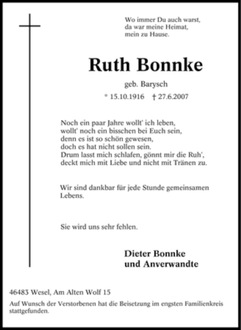 Traueranzeige von Ruth Bonnke von Tageszeitung