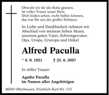 Traueranzeige von Alfred Paculla von Tageszeitung