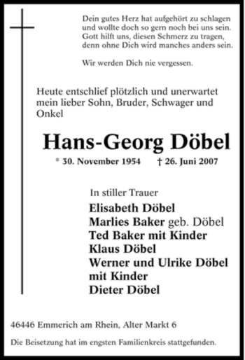 Traueranzeige von Hans-Georg Döbel von Tageszeitung